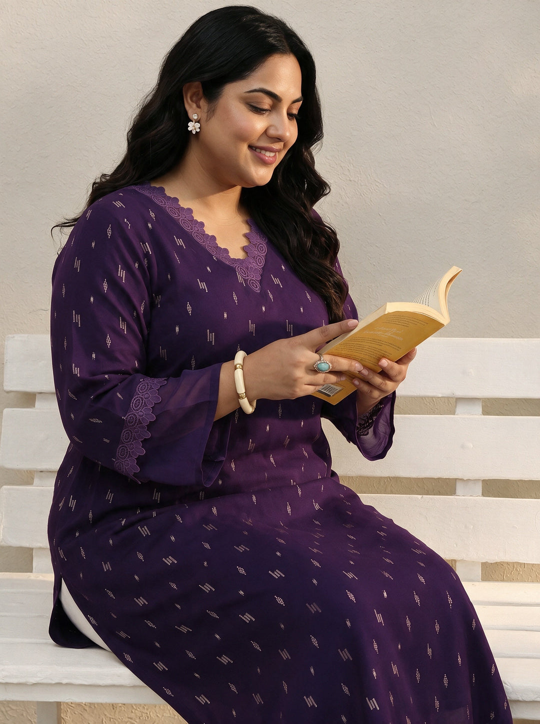 Plus Size Purple Yoke Woven Design Rayon Straight Kurta