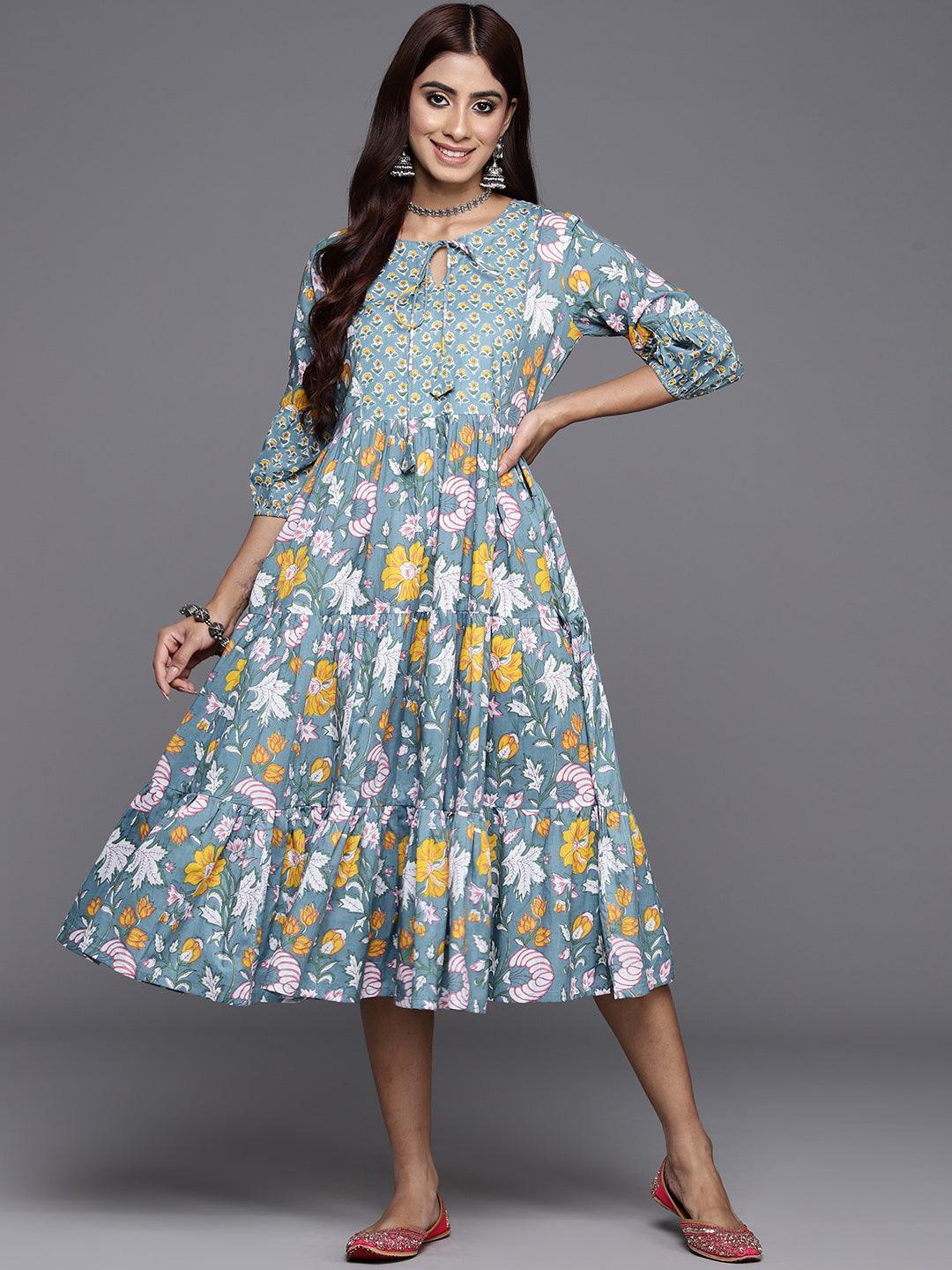 Blue Printed Cotton Fit and Flare Dress Blue Printed Cotton Fit and Flare Dress