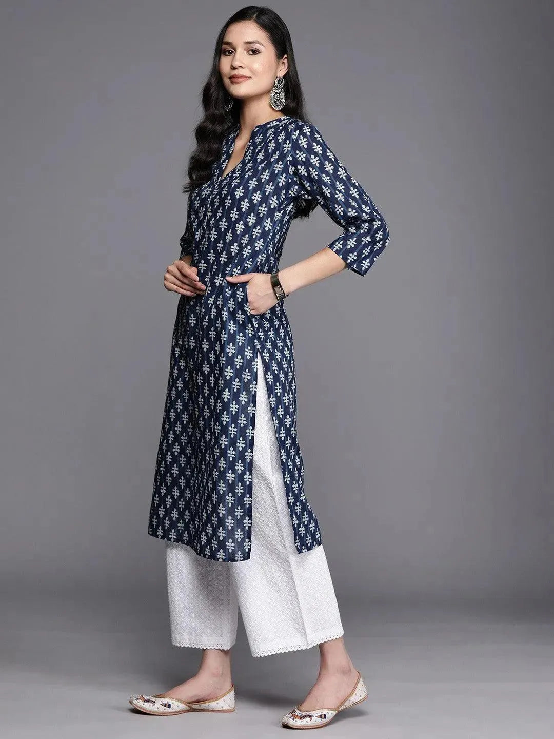 Blue Printed Cotton Straight Kurta