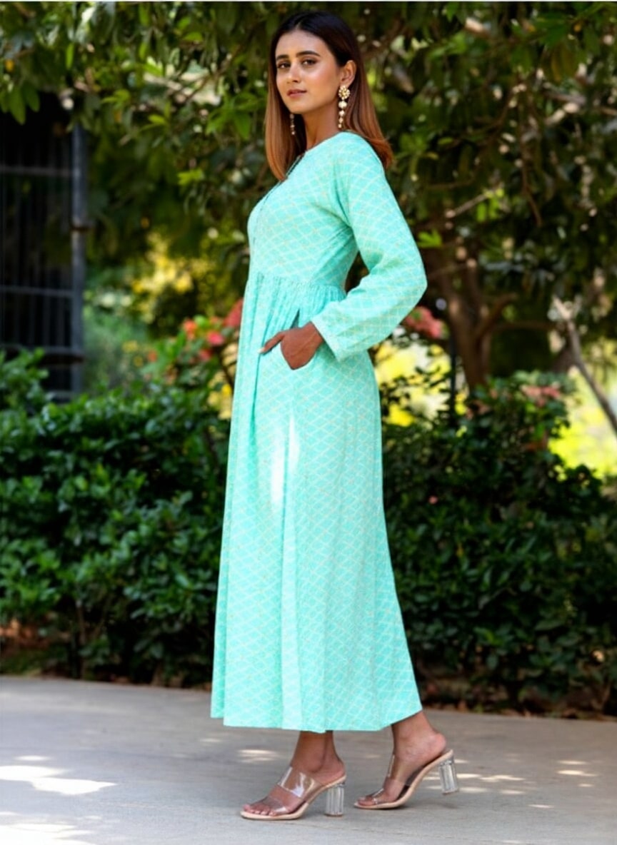 Sea Green Printed Rayon Fit and Flare Dress