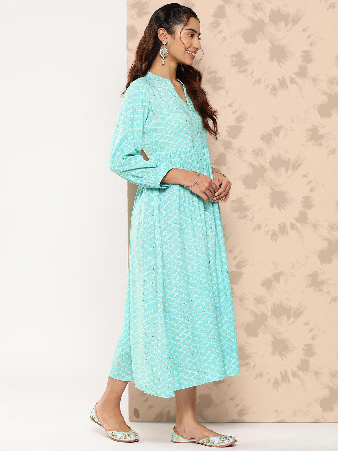 Sea Green Printed Rayon Fit and Flare Dress - ShopLibas 