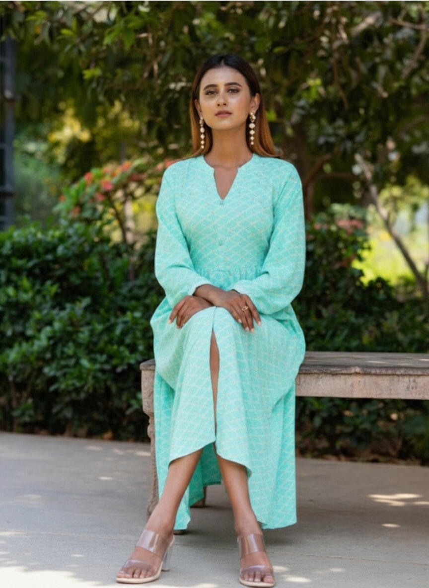 Sea Green Printed Rayon Fit and Flare Dress