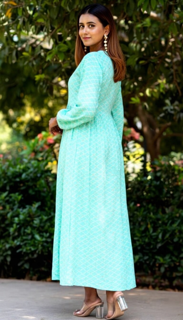 Sea Green Printed Rayon Fit and Flare Dress