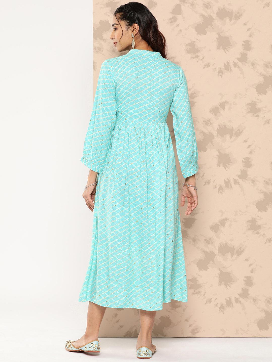 Sea Green Printed Rayon Fit and Flare Dress - ShopLibas 