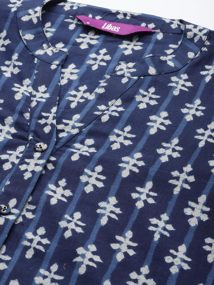 Blue Printed Cotton Straight Kurta - ShopLibas