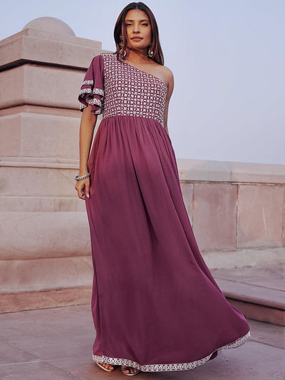 Mauve Embroidered Georgette Gown - ShopLibas