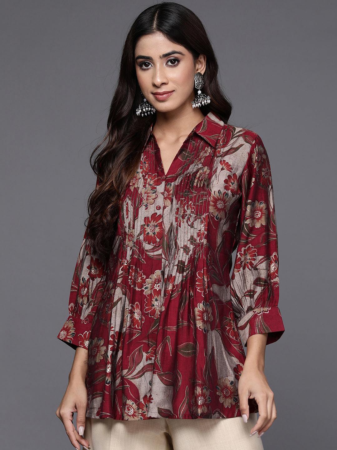 Maroon Printed Silk Blend A-Line Kurti - ShopLibas