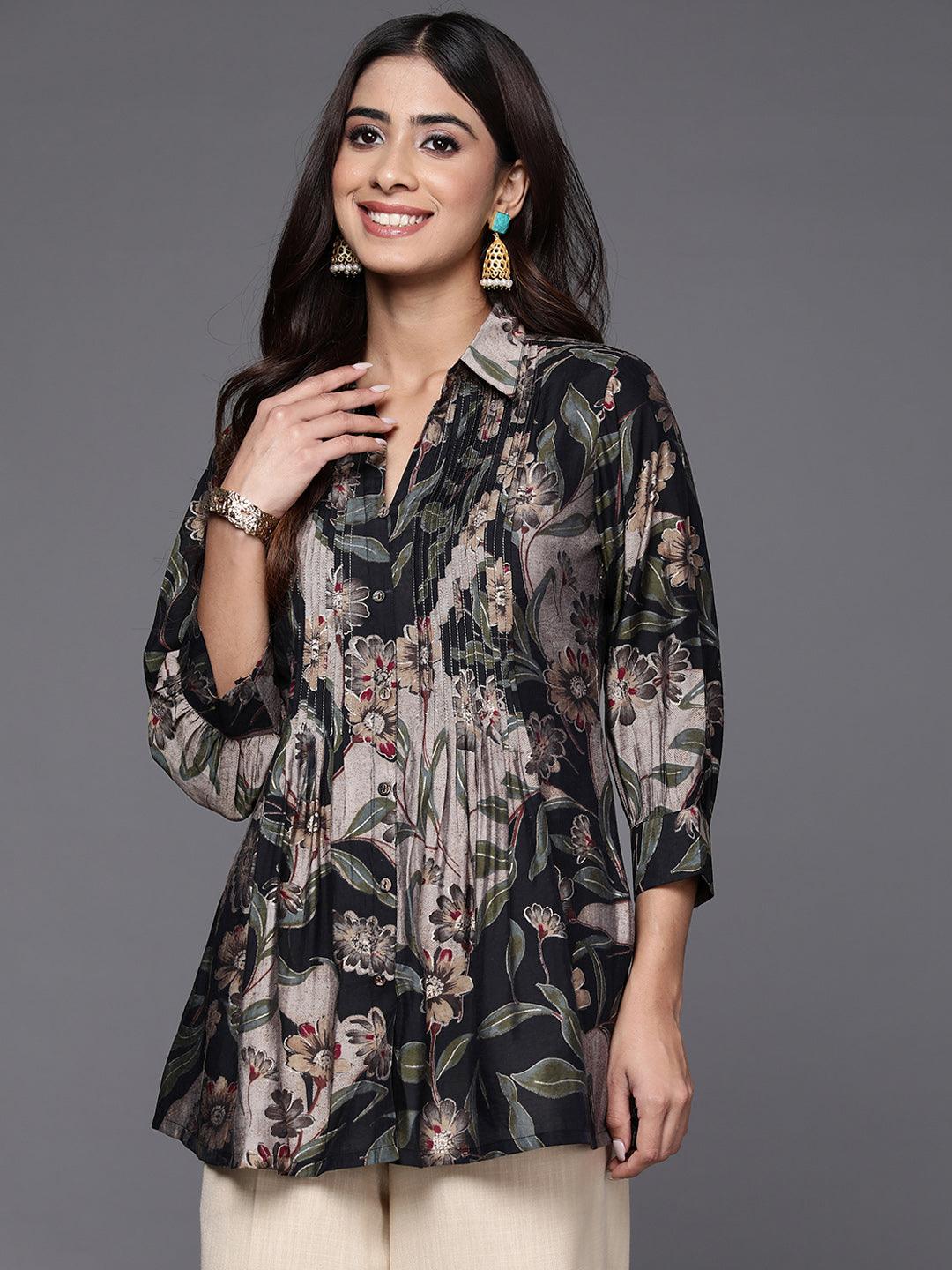 Black Printed Silk Blend A-Line Kurti - ShopLibas