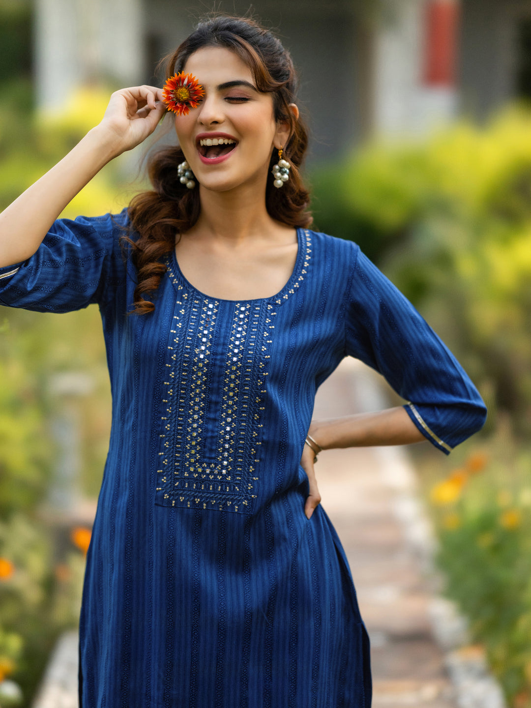 Blue Yoke Design Rayon Straight Kurta