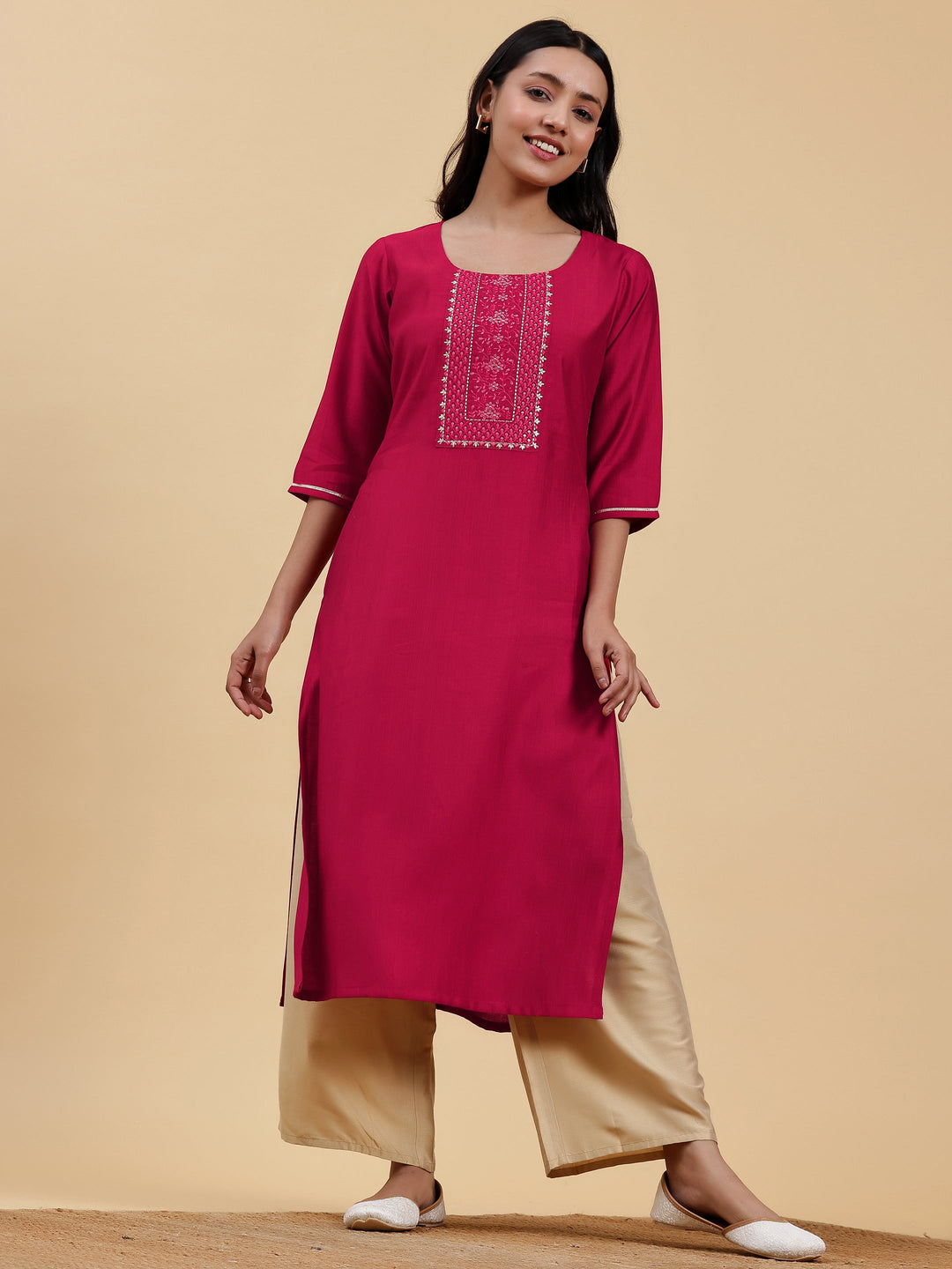 Pink Yoke Design Silk Straight Kurta