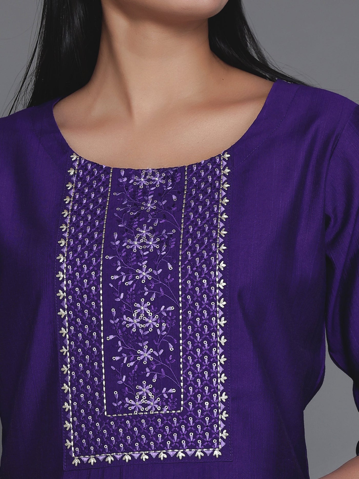 Purple Yoke Design Silk Straight Kurta