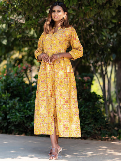 Yellow Printed Silk Fit and Flare Dress