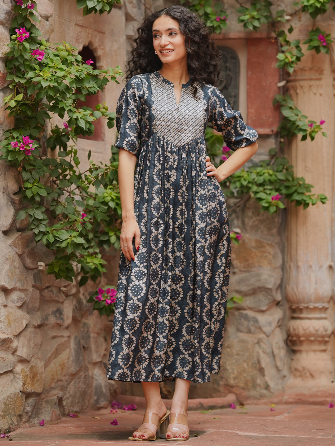 Buy Libas Grey Printed Silk Fit and Flare Dress Online in USA at $28.00