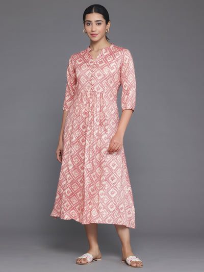 Peach Printed Silk A-Line Dress