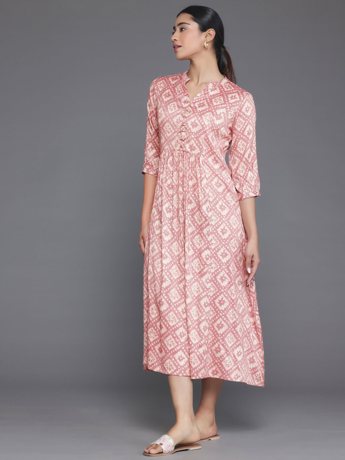 Peach Printed Silk A-Line Dress