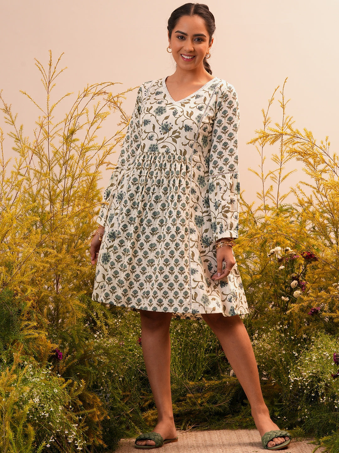 Libas Beige Printed Cotton A-Line Dress - XXL Libas Beige Printed Cotton A-Line Dress - XXL