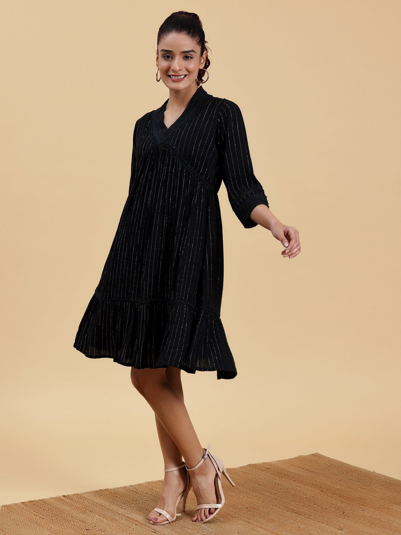 Black Self Design Rayon Fit and Flare Dress