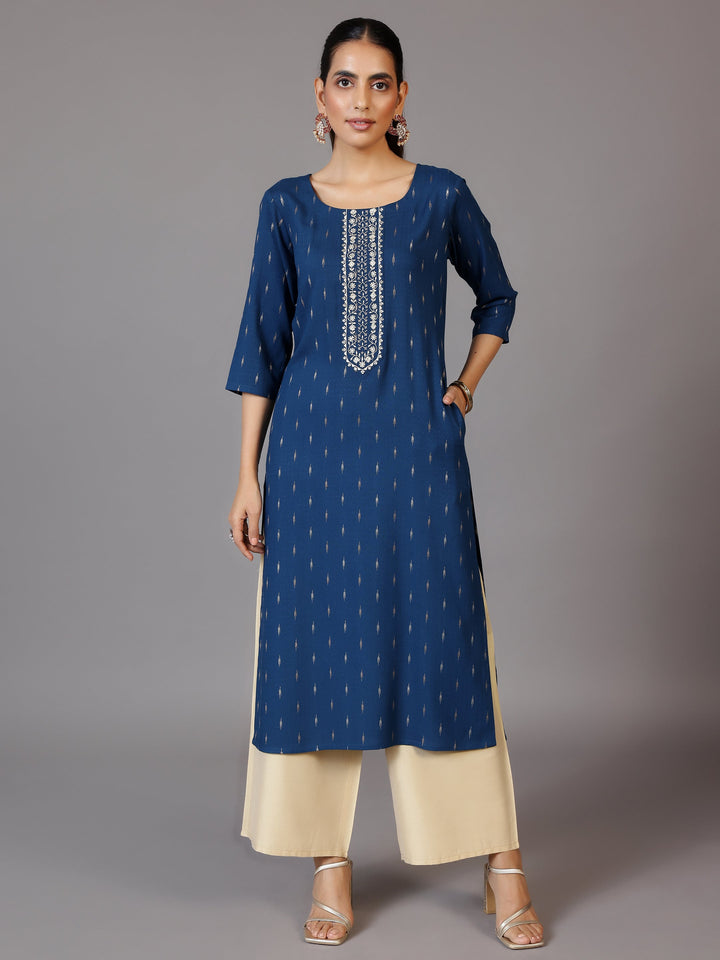 Blue Woven Design Cotton Straight Kurta