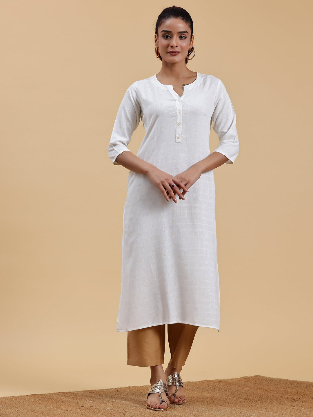 Cream Woven Design Rayon Straight Kurta