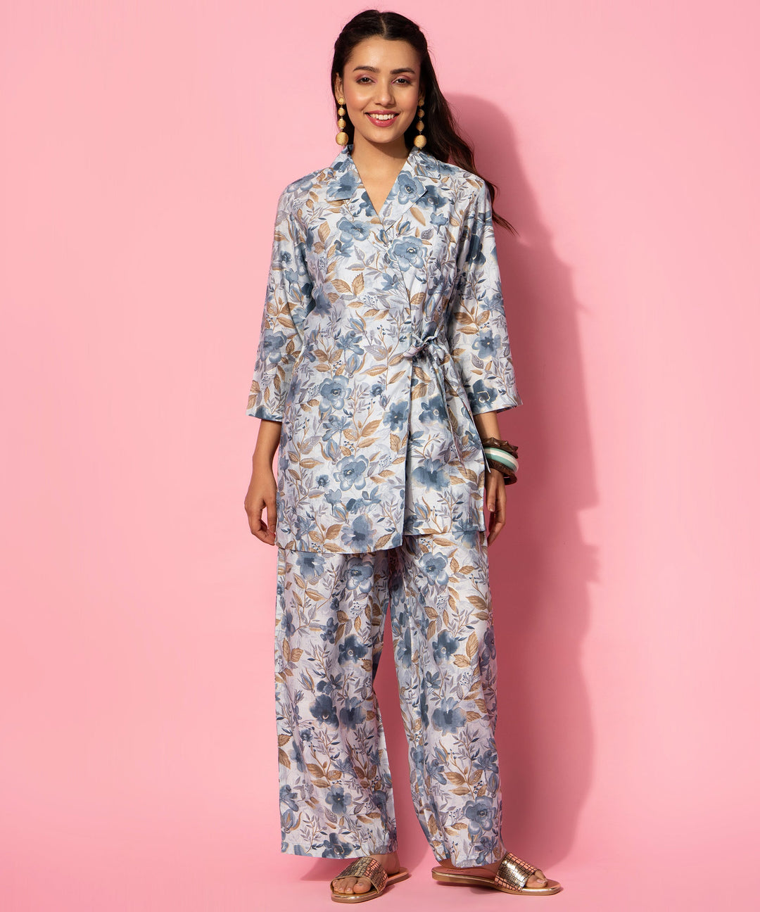 Grey Printed Silk Blend Co-Ords