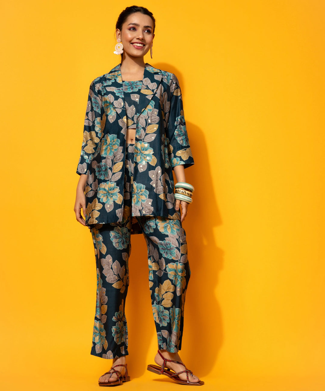 Navy Blue Printed Silk Blend 3 Piece Co-Ords