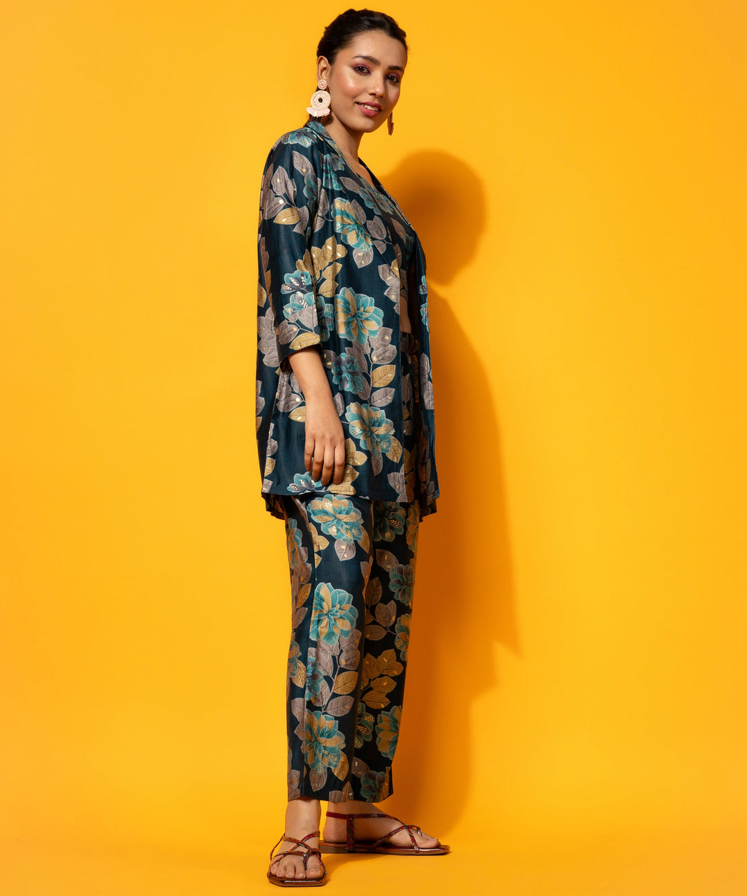 Navy Blue Printed Silk Blend 3 Piece Co-Ords