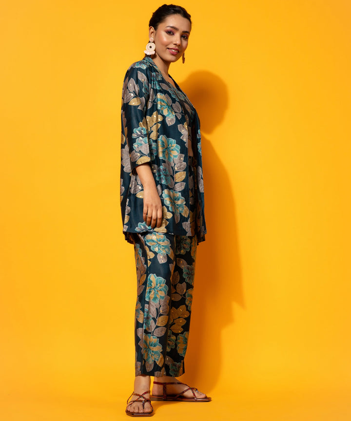 Navy Blue Printed Silk Blend 3 Piece Co-Ords