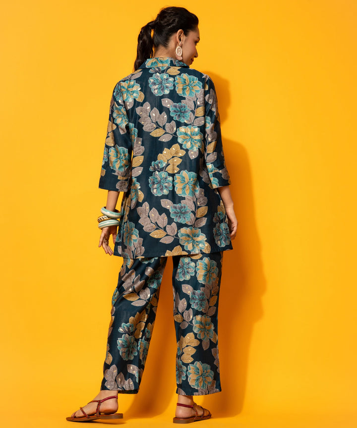 Navy Blue Printed Silk Blend 3 Piece Co-Ords