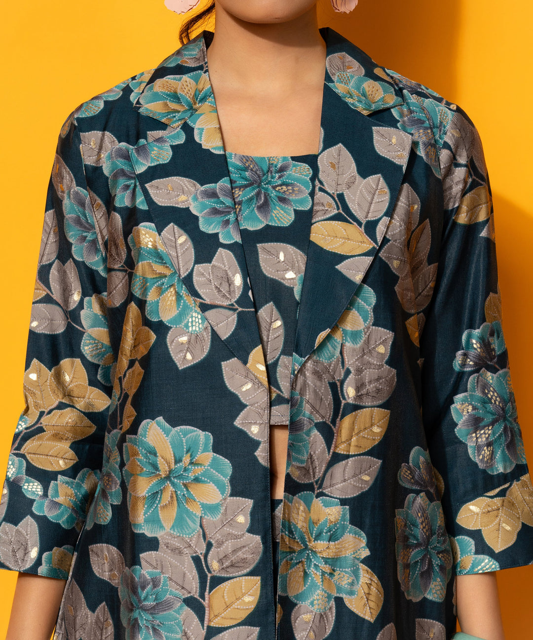 Navy Blue Printed Silk Blend 3 Piece Co-Ords