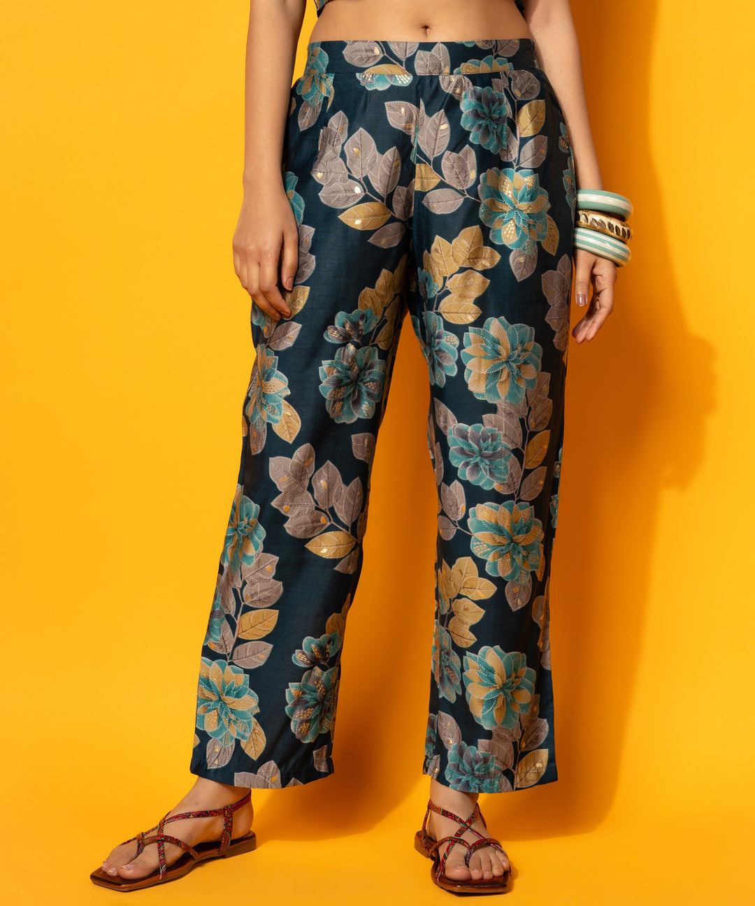 Navy Blue Printed Silk Blend 3 Piece Co-Ords