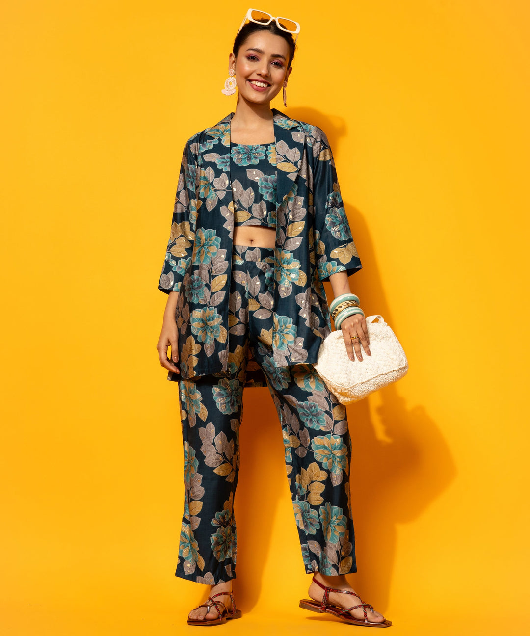 Navy Blue Printed Silk Blend 3 Piece Co-Ords