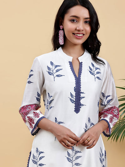 White Printed Chanderi Silk Straight Suit With Dupatta