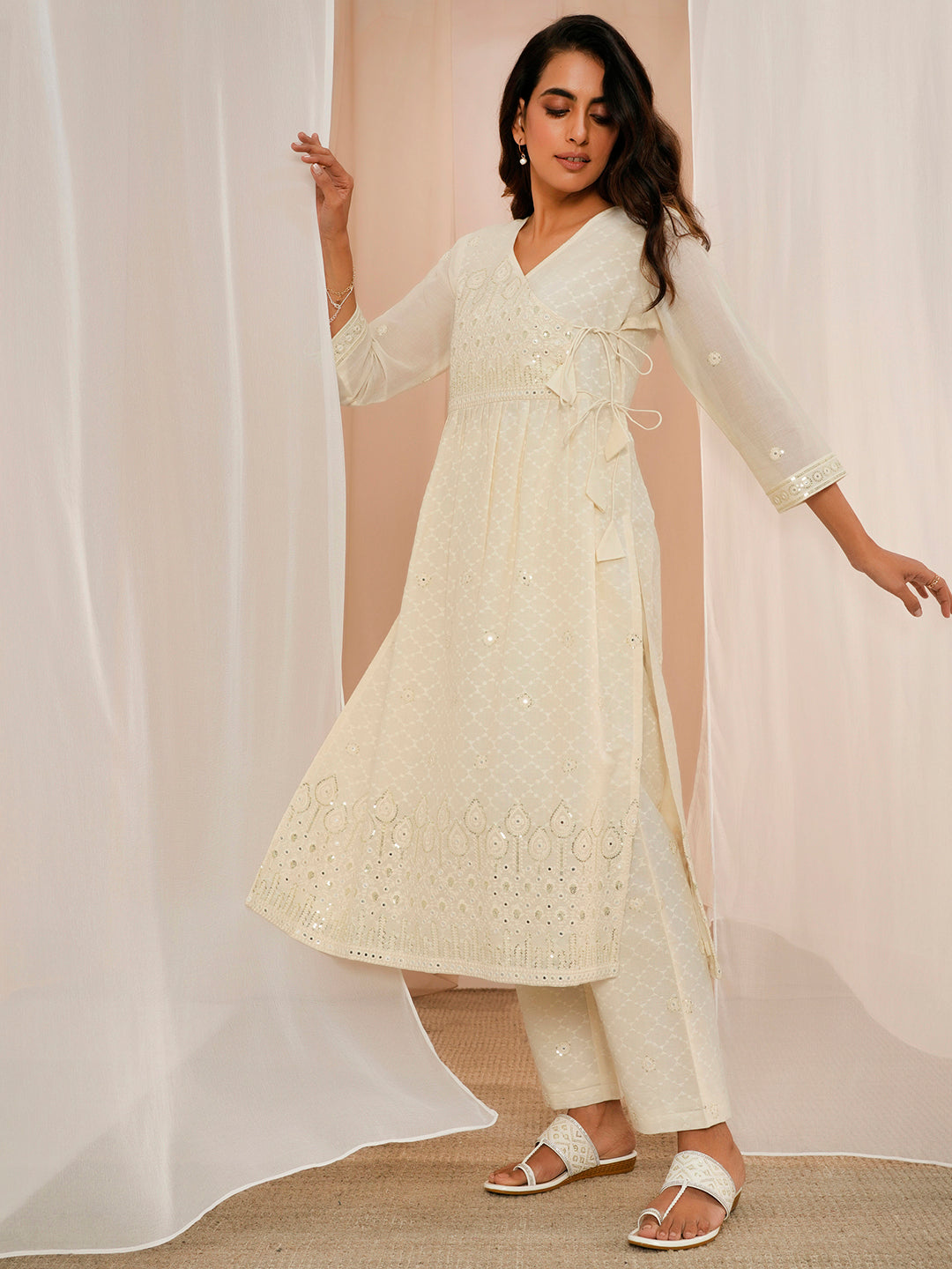 Off White Embroidered Cotton A-Line Kurta With Trousers & Dupatta