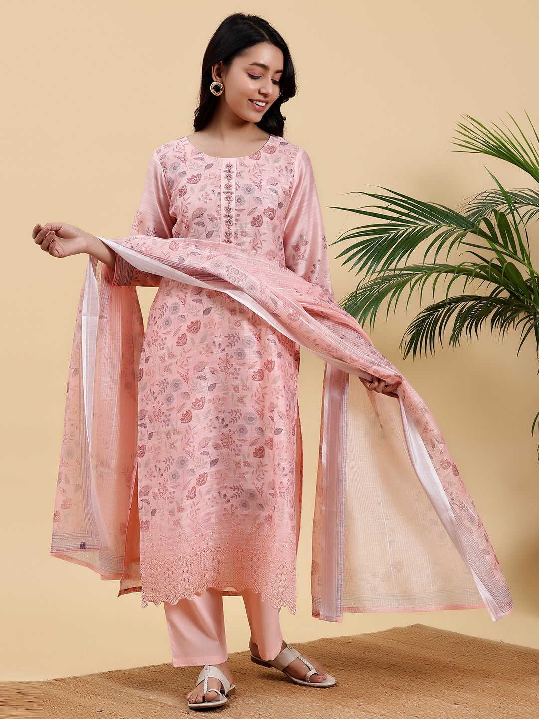 Peach Printed Chanderi Silk Straight Suit With Dupatta