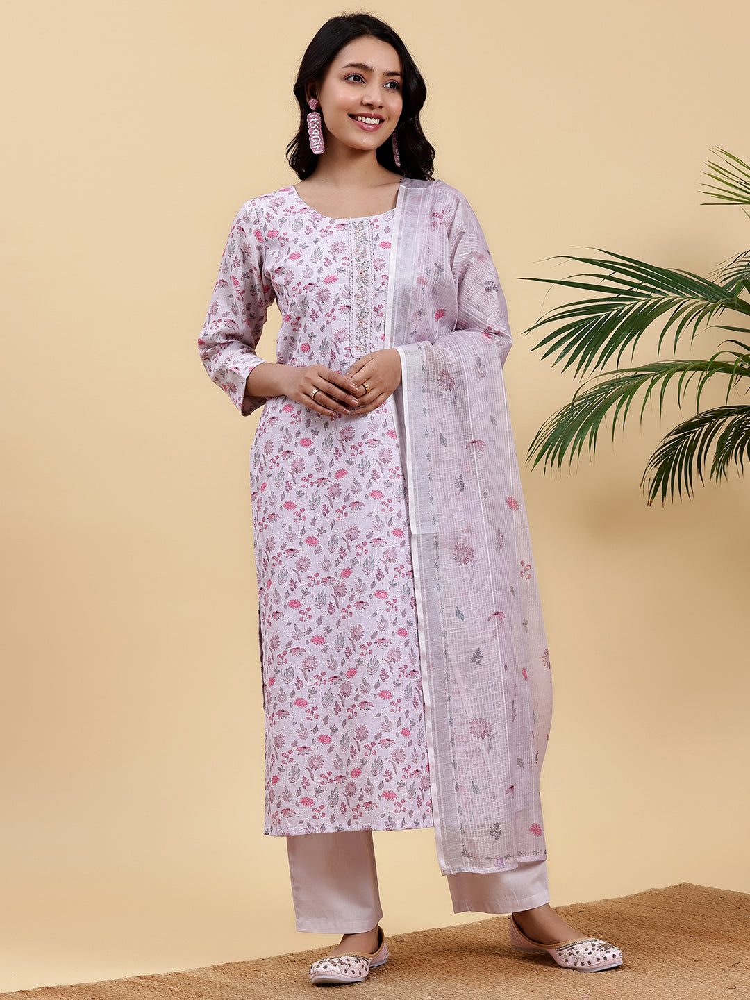 Lilac Printed Cotton Straight Suit With Dupatta