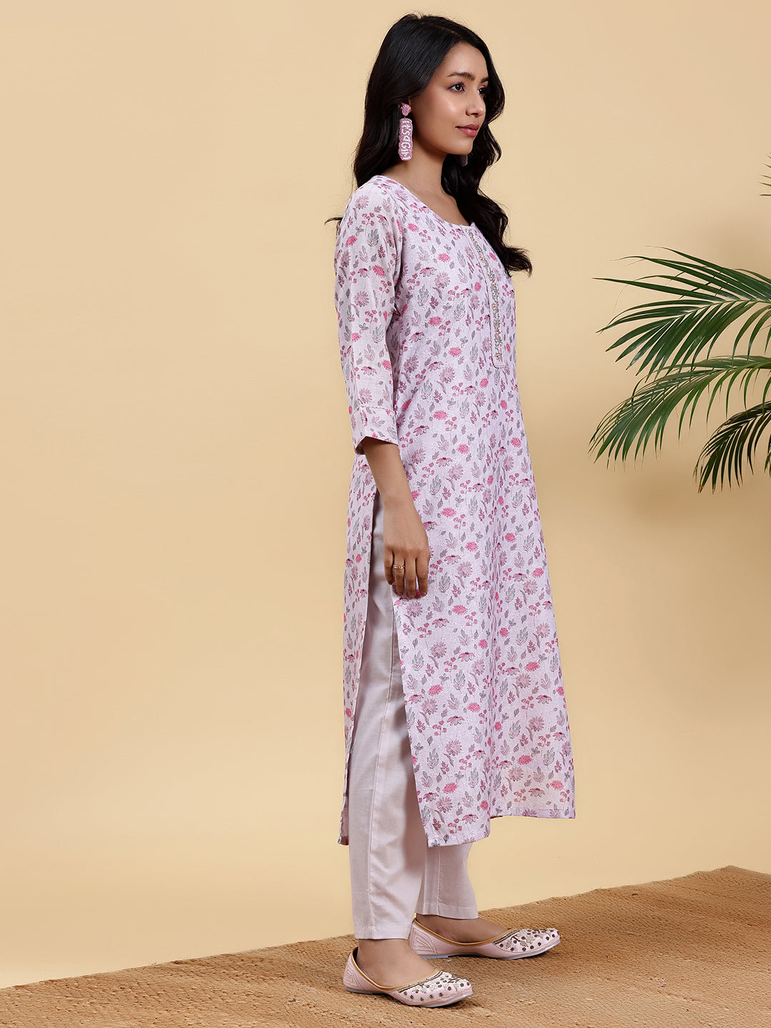 Lilac Printed Cotton Straight Suit With Dupatta