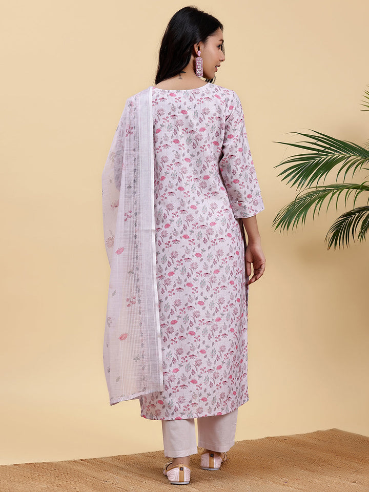 Lilac Printed Cotton Straight Suit With Dupatta
