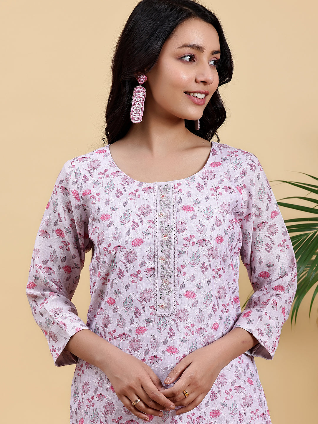 Lilac Printed Cotton Straight Suit With Dupatta