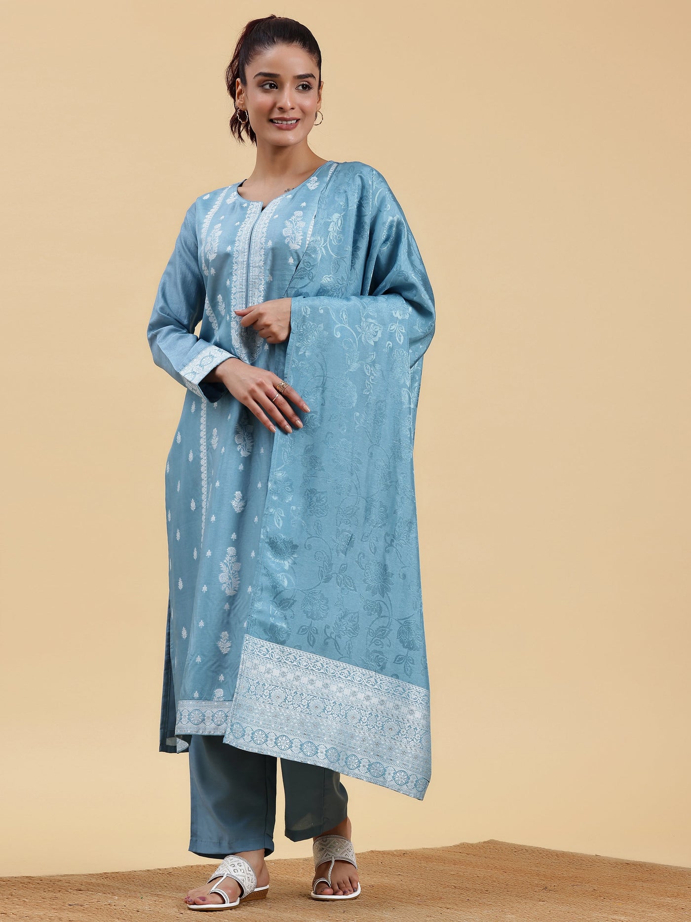 Blue Woven Design Silk Blend Straight Suit With Dupatta