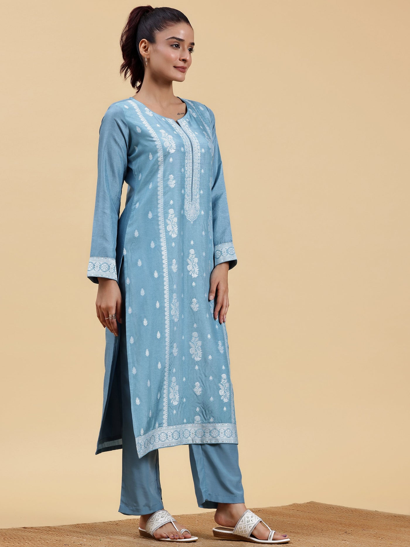 Blue Woven Design Silk Blend Straight Suit With Dupatta