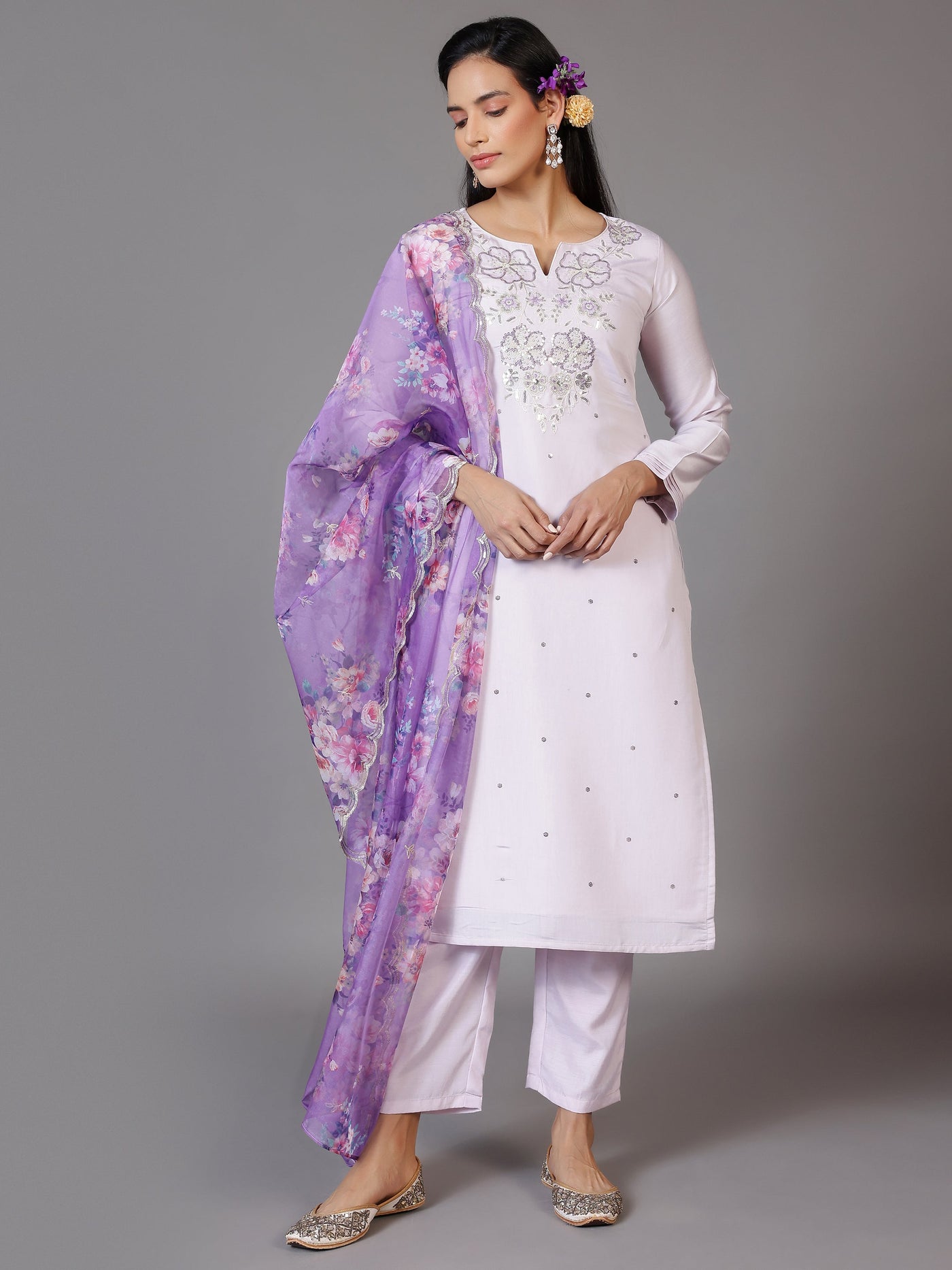 Lilac Embellished Silk Blend Straight Suit With Dupatta