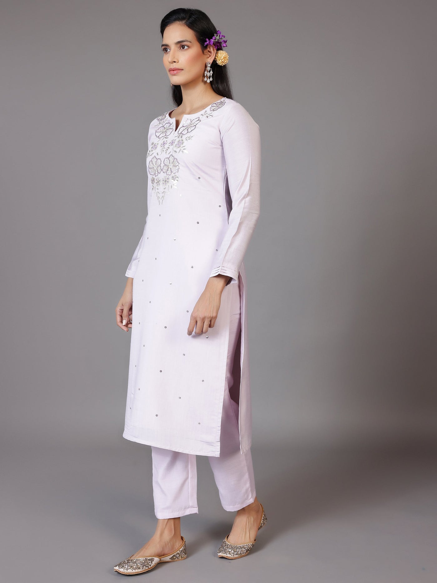 Lilac Embellished Silk Blend Straight Suit With Dupatta