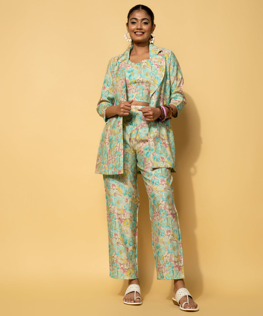 Turquoise Printed Silk Blend 3 Piece Co-Ords