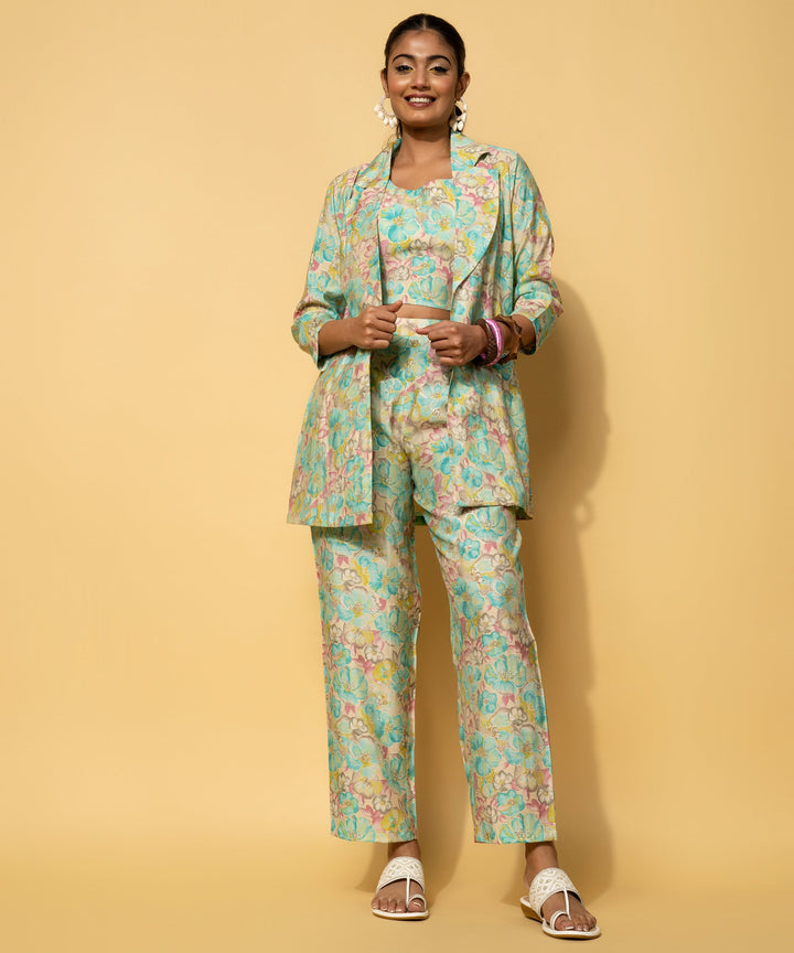 Turquoise Printed Silk Blend 3 Piece Co-Ords