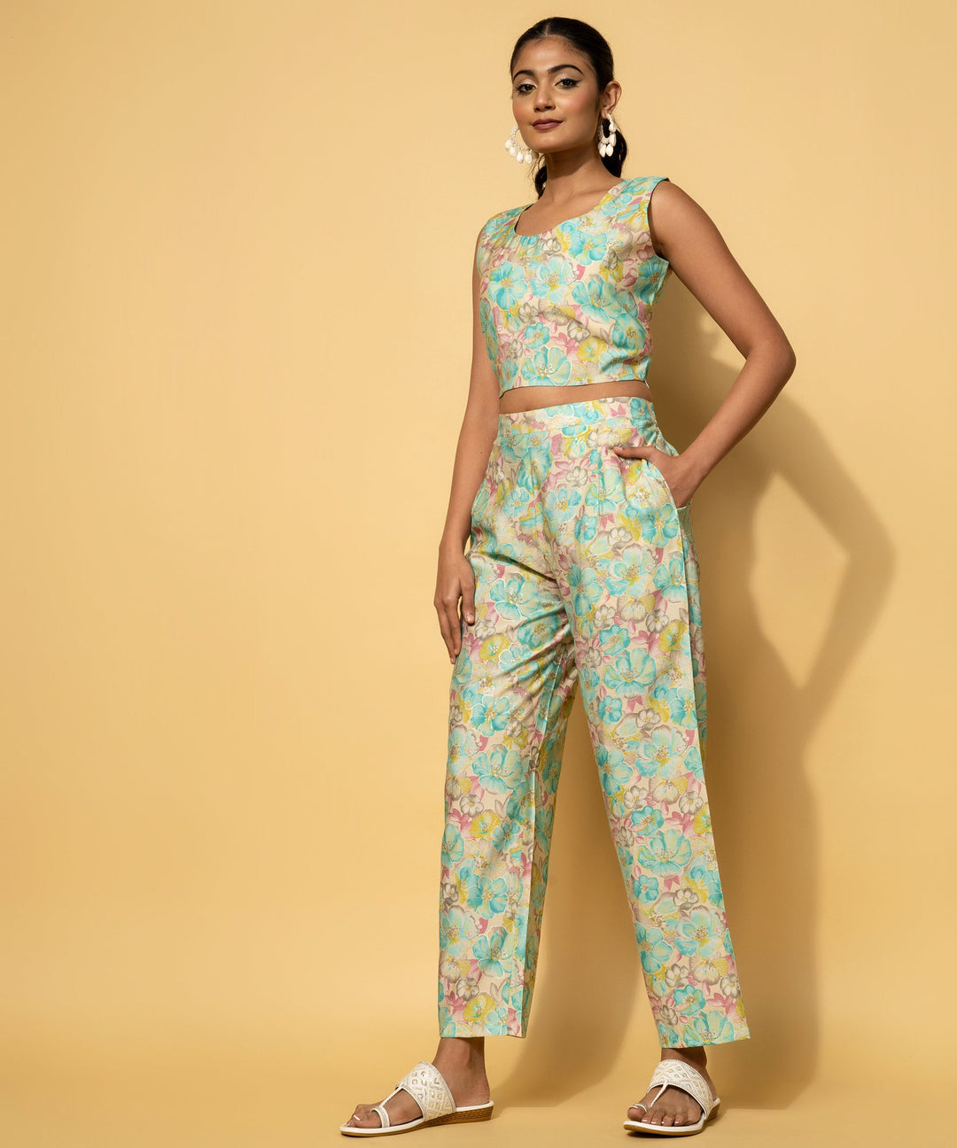 Turquoise Printed Silk Blend 3 Piece Co-Ords