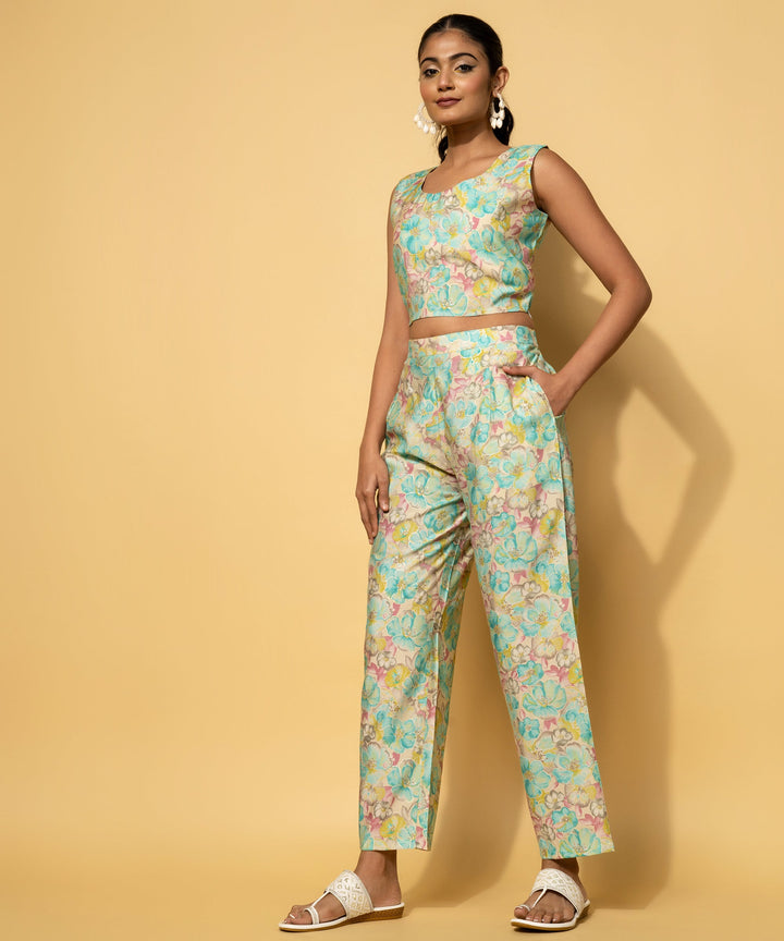 Turquoise Printed Silk Blend 3 Piece Co-Ords