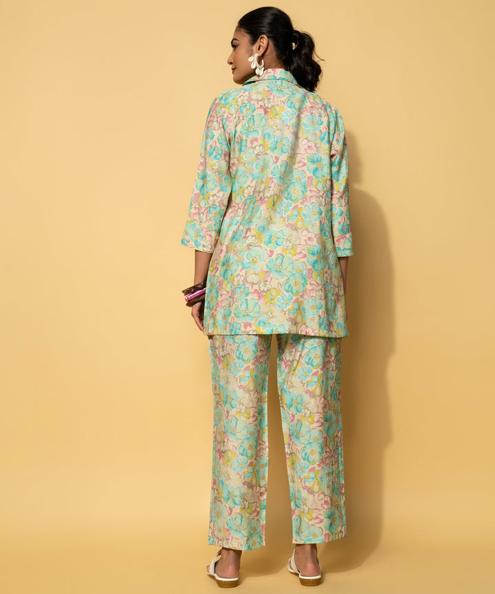 Turquoise Printed Silk Blend 3 Piece Co-Ords