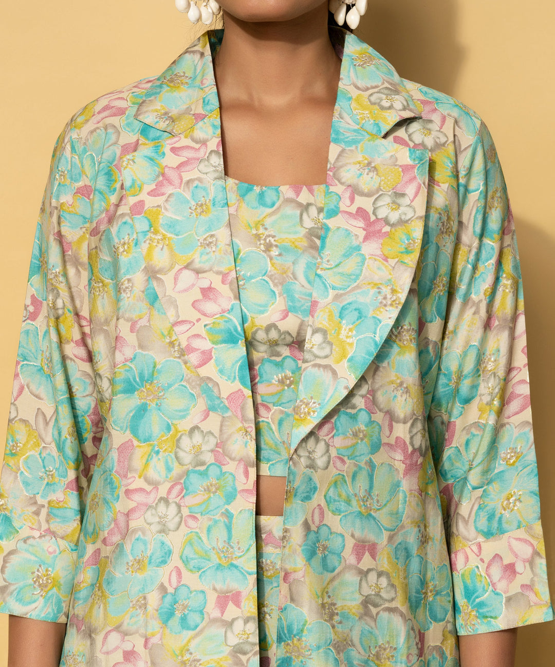 Turquoise Printed Silk Blend 3 Piece Co-Ords