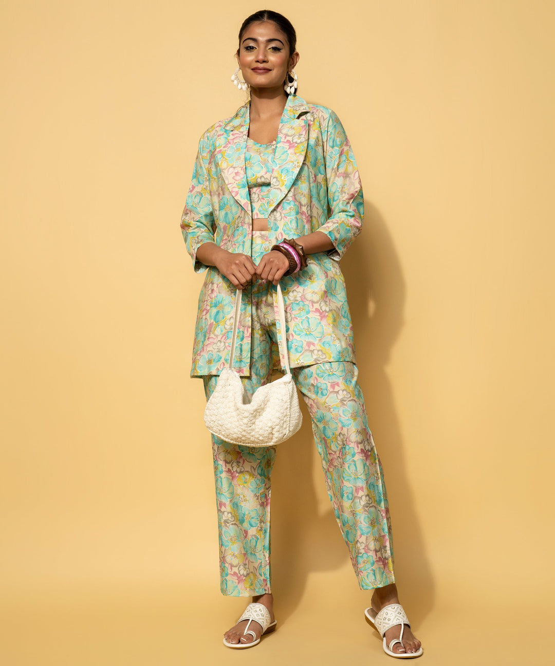 Turquoise Printed Silk Blend 3 Piece Co-Ords