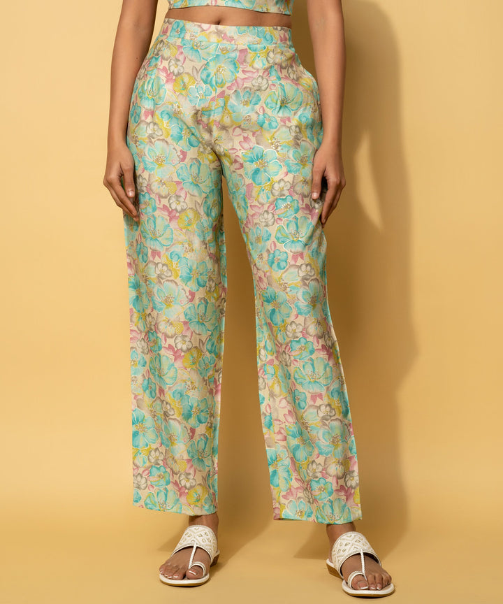 Turquoise Printed Silk Blend 3 Piece Co-Ords